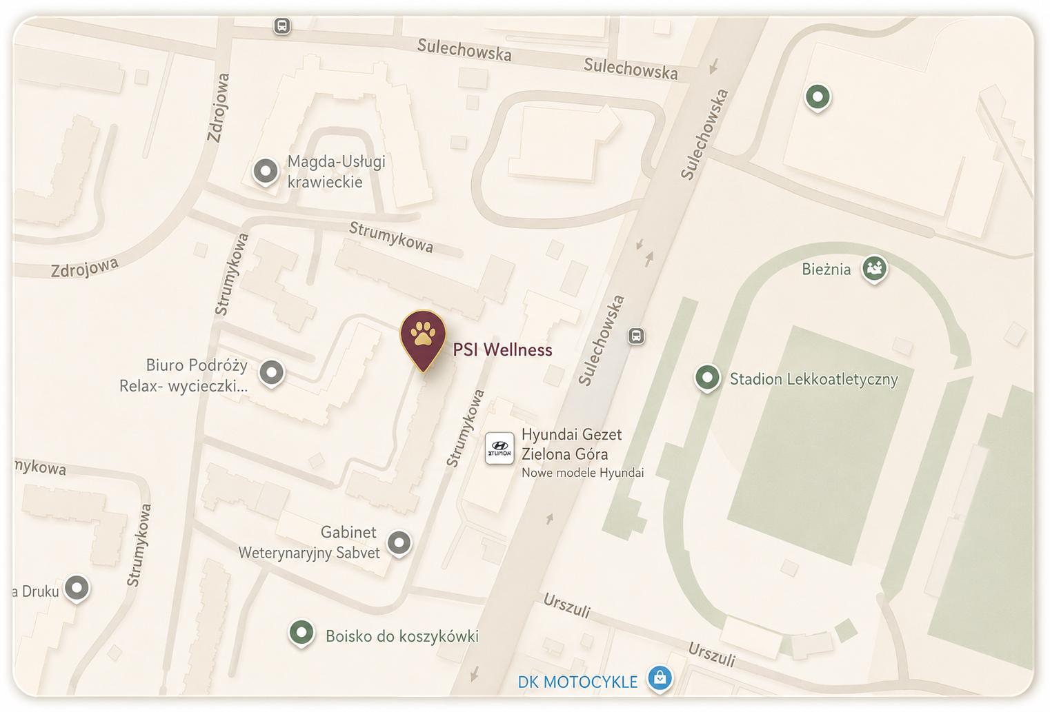 Mapa z lokalizacją salonu Psi Wellness w Zielonej Górze