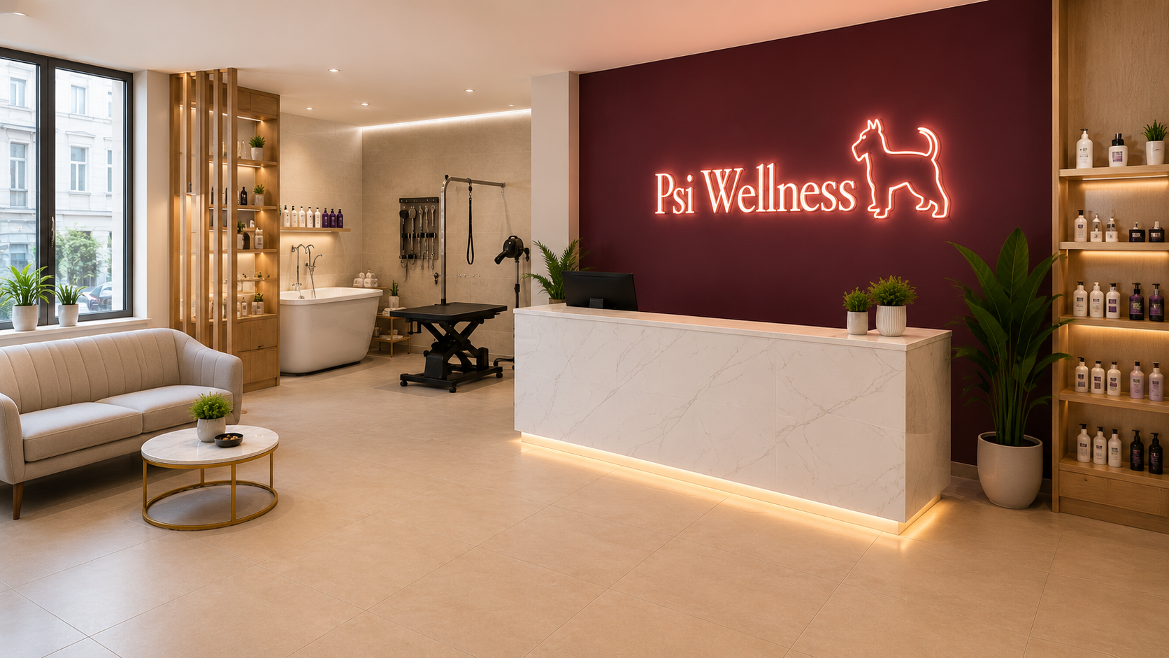 Eleganckie wnętrze salonu Psi Wellness z recepcją i neonem